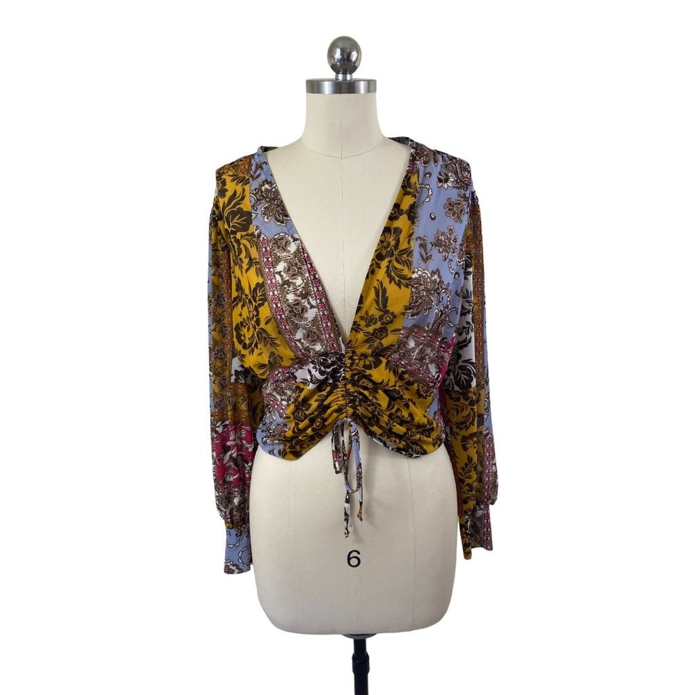 Ember Womens Y2K Top Large Yellow Floral V-Neck Ruched Long Sleeve Boho